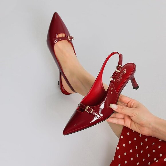 Women's Burgundy Pointed Closed Toe Slingback Kitten Heels Pumps Party Shoes - Picture 6 of 9